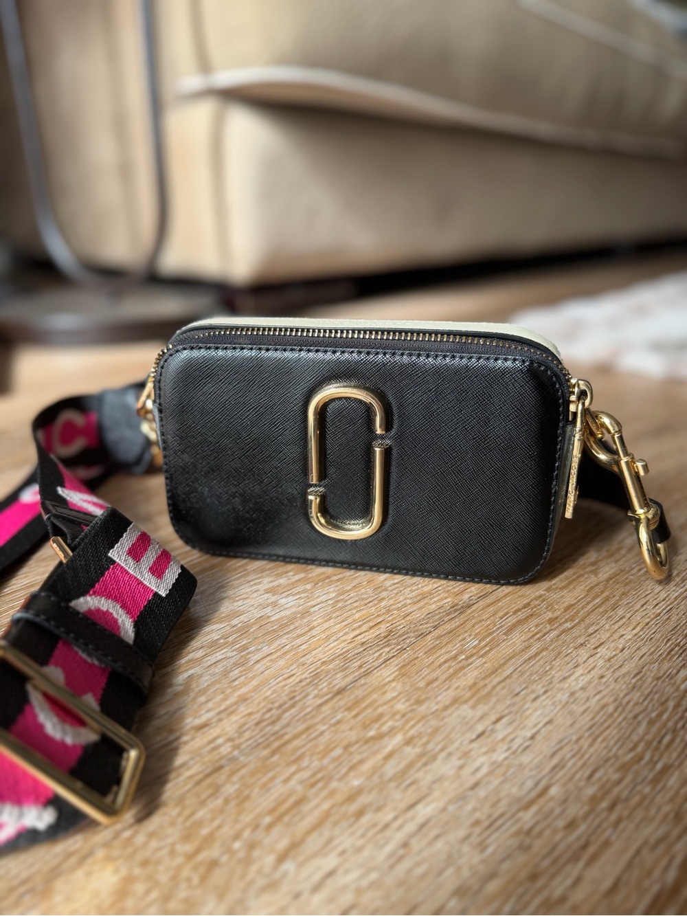 Marc Jacobs Black Camera Crossbody with Pink & White Strap